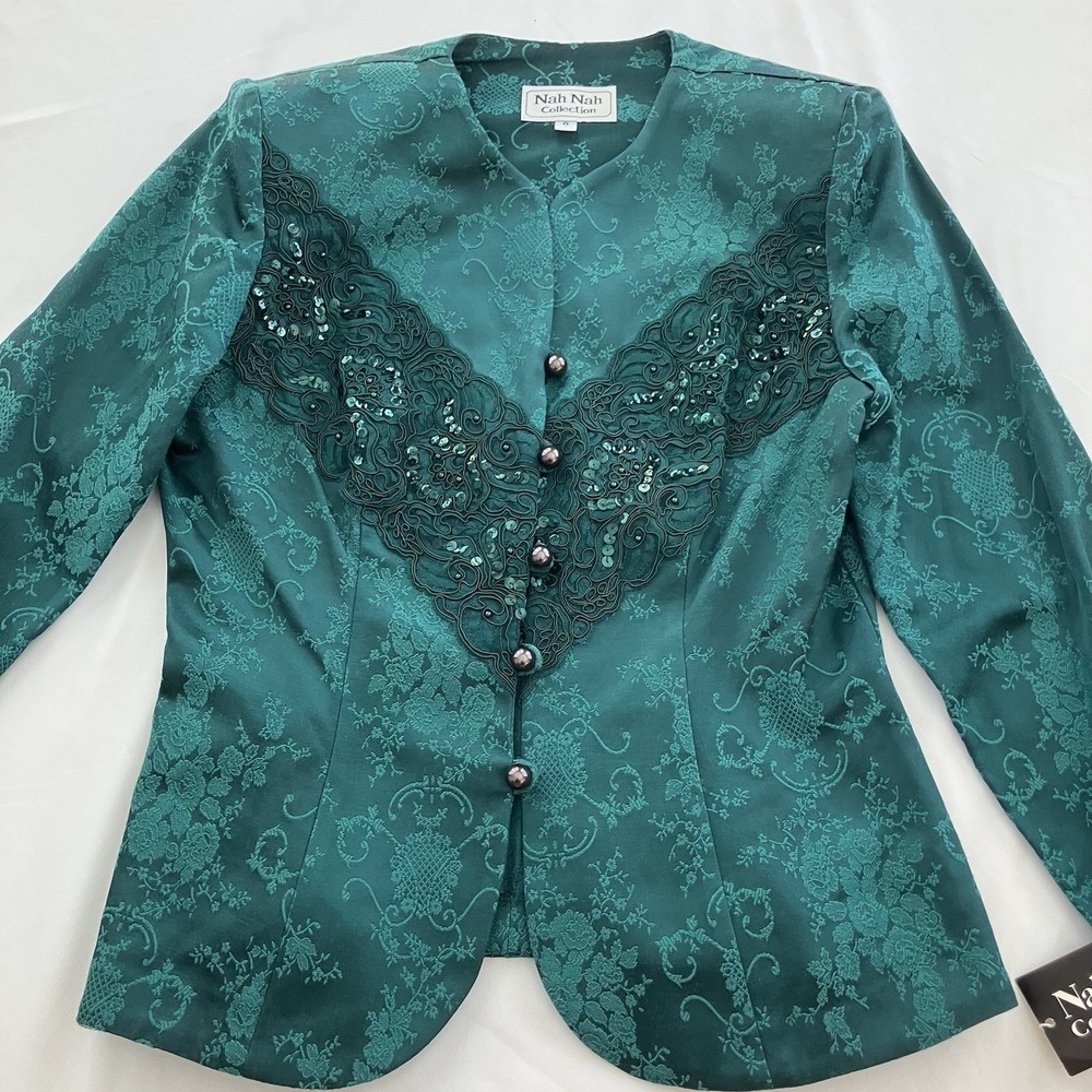 Vintage Nah Nah Collection Brocade Beaded Jacket Top Women's 8‎ Hunter Green